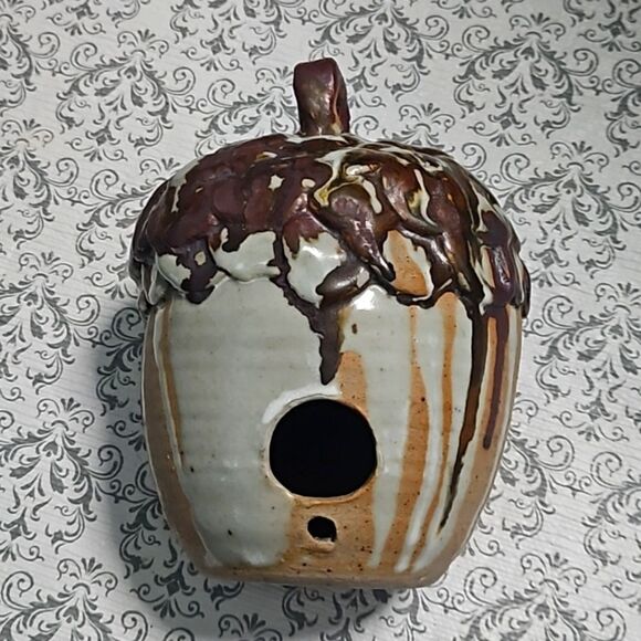 Vintage Signed Studio Pottery Acorn Birdhouse Drippy Glaze OOAK